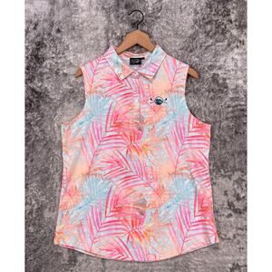 Sleeveless Button-Down Tropical Palm Print Shirt - Pink/Blue